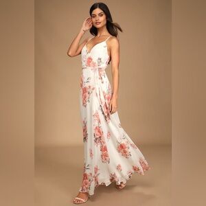 Lulus Elegantly Inclined Cream Floral Print Wrap Maxi Dress - Large